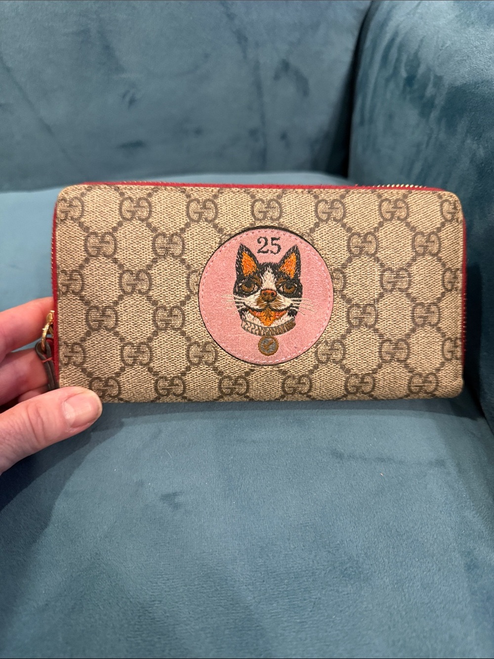 Gucci Beige Brown GG Supreme Canvas Wallet with Pink Cat Medallion and Red Trim